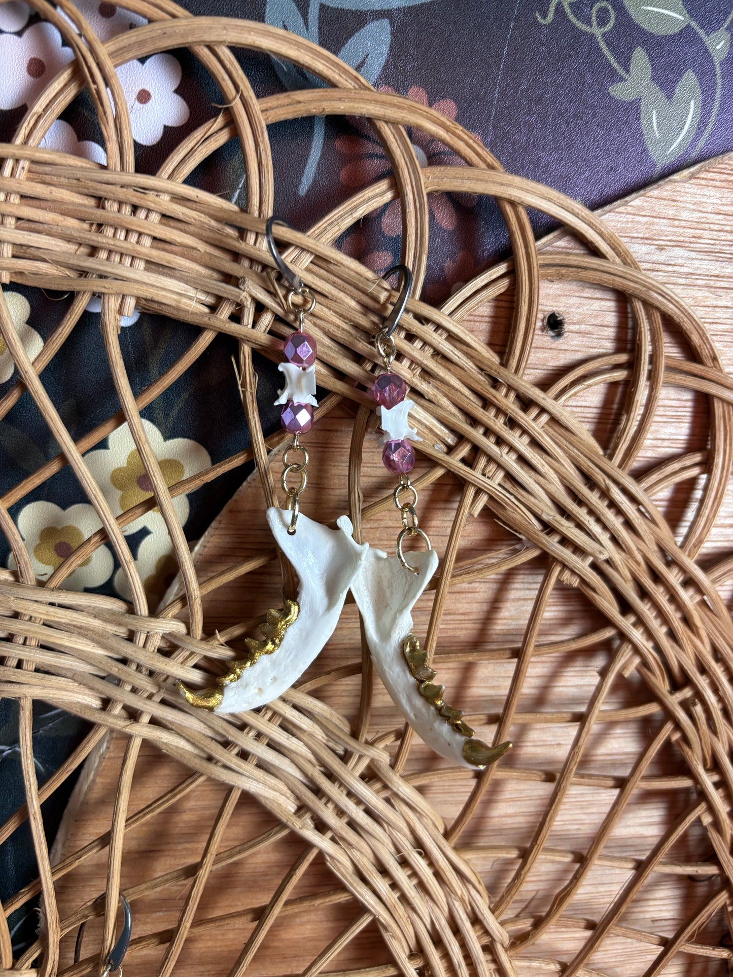 Mink Jaw Earrings - Pink beads and Snake Vertebrae