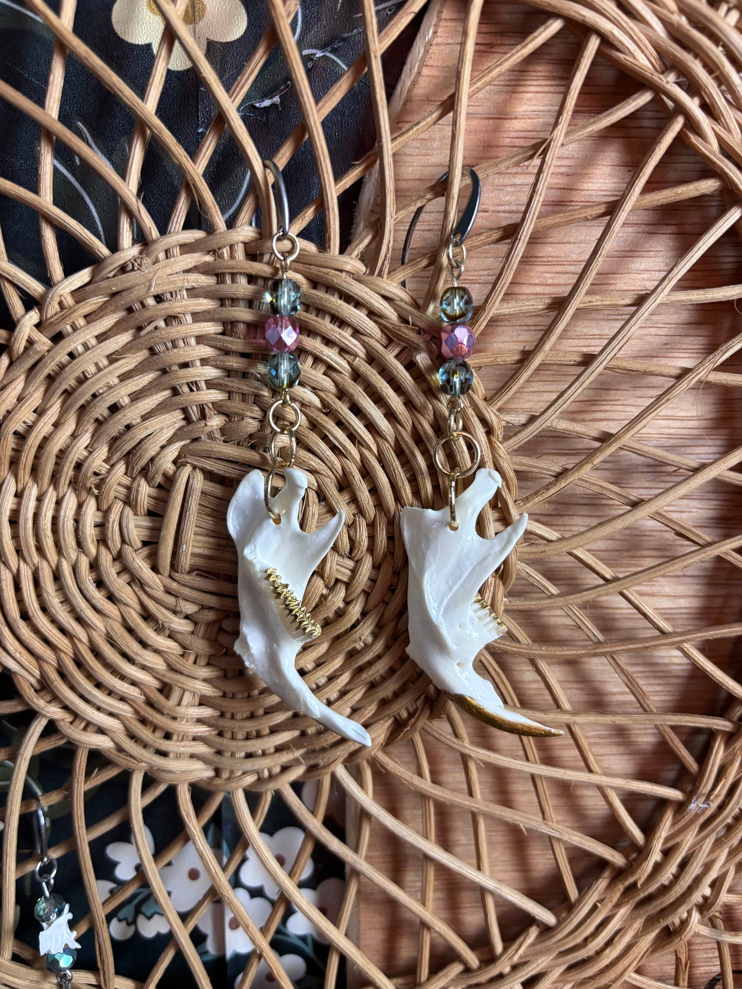 Gold Muskrat Jaw Earrings - Pink & Blue glass beads