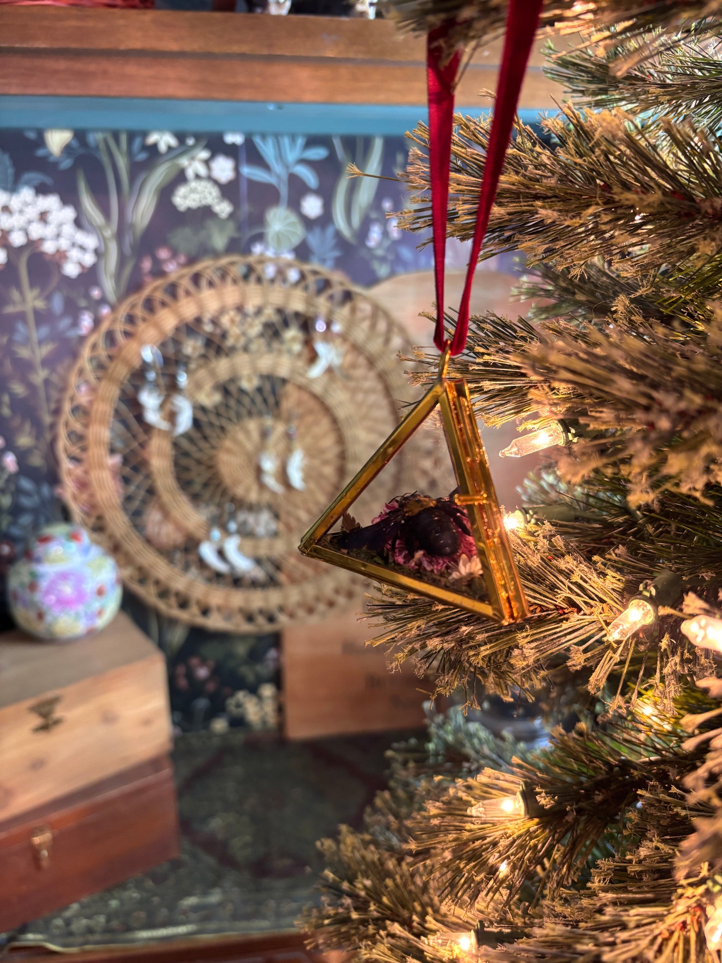 Christmas Ornament with Carpenter Bee on Pink Flower