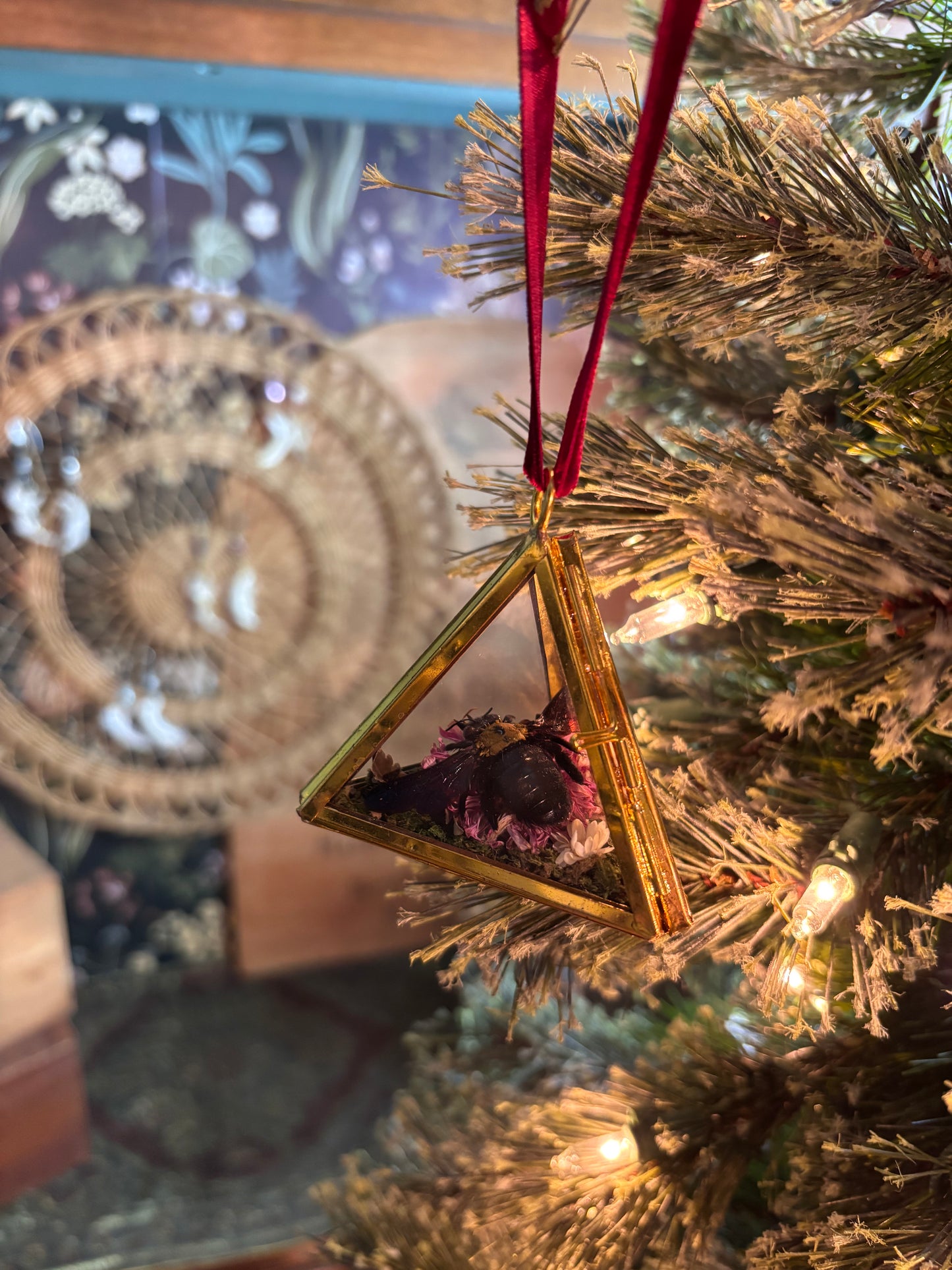 Christmas Ornament with Carpenter Bee on Pink Flower