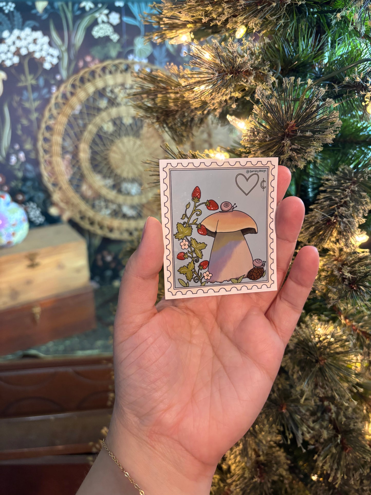 Mushroom & Snails Postage Stamp - Vinyl Sticker