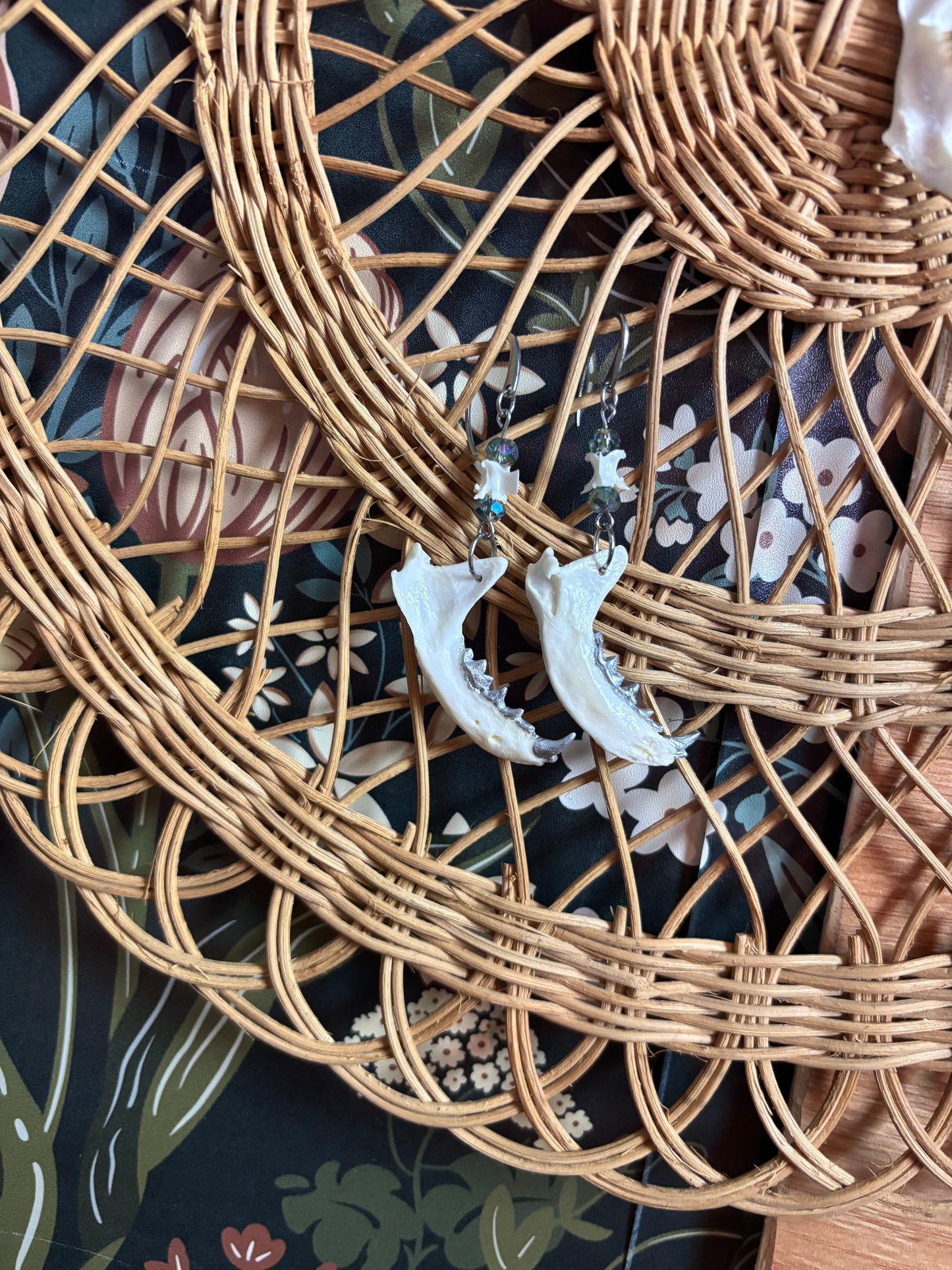 Mink Jaw Earrings - Blue beads and Snake Vertebrae