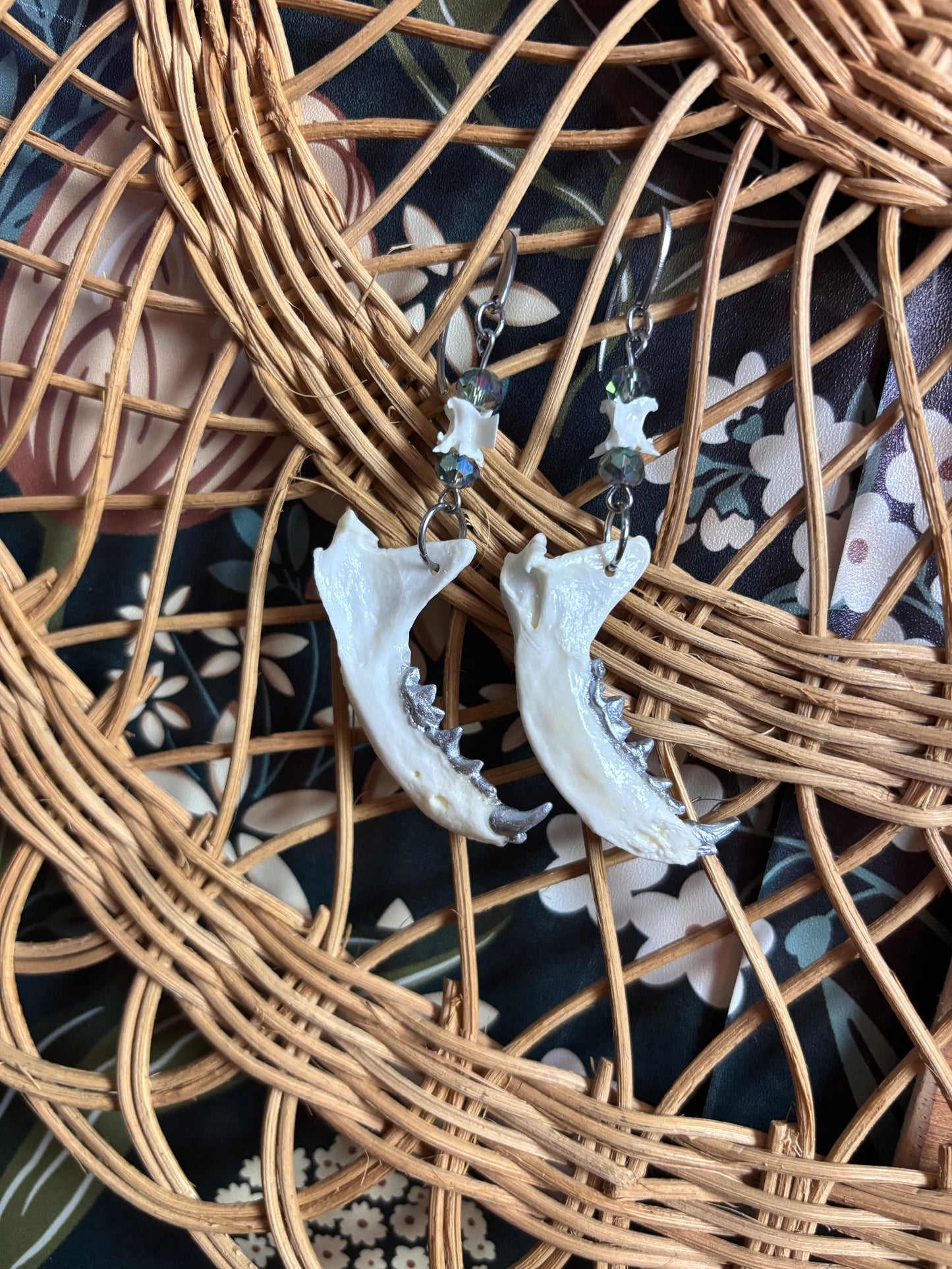 Mink Jaw Earrings - Blue beads and Snake Vertebrae