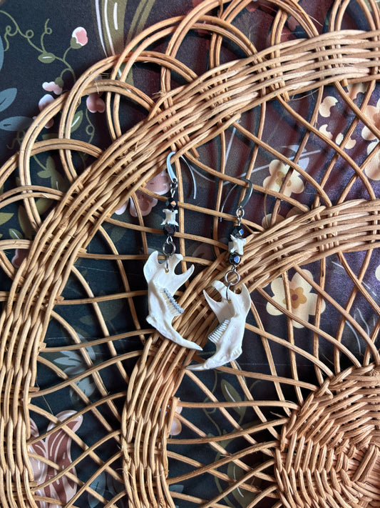 Silver Muskrat Jaw Earrings - Black beads & Snake Vertebrae