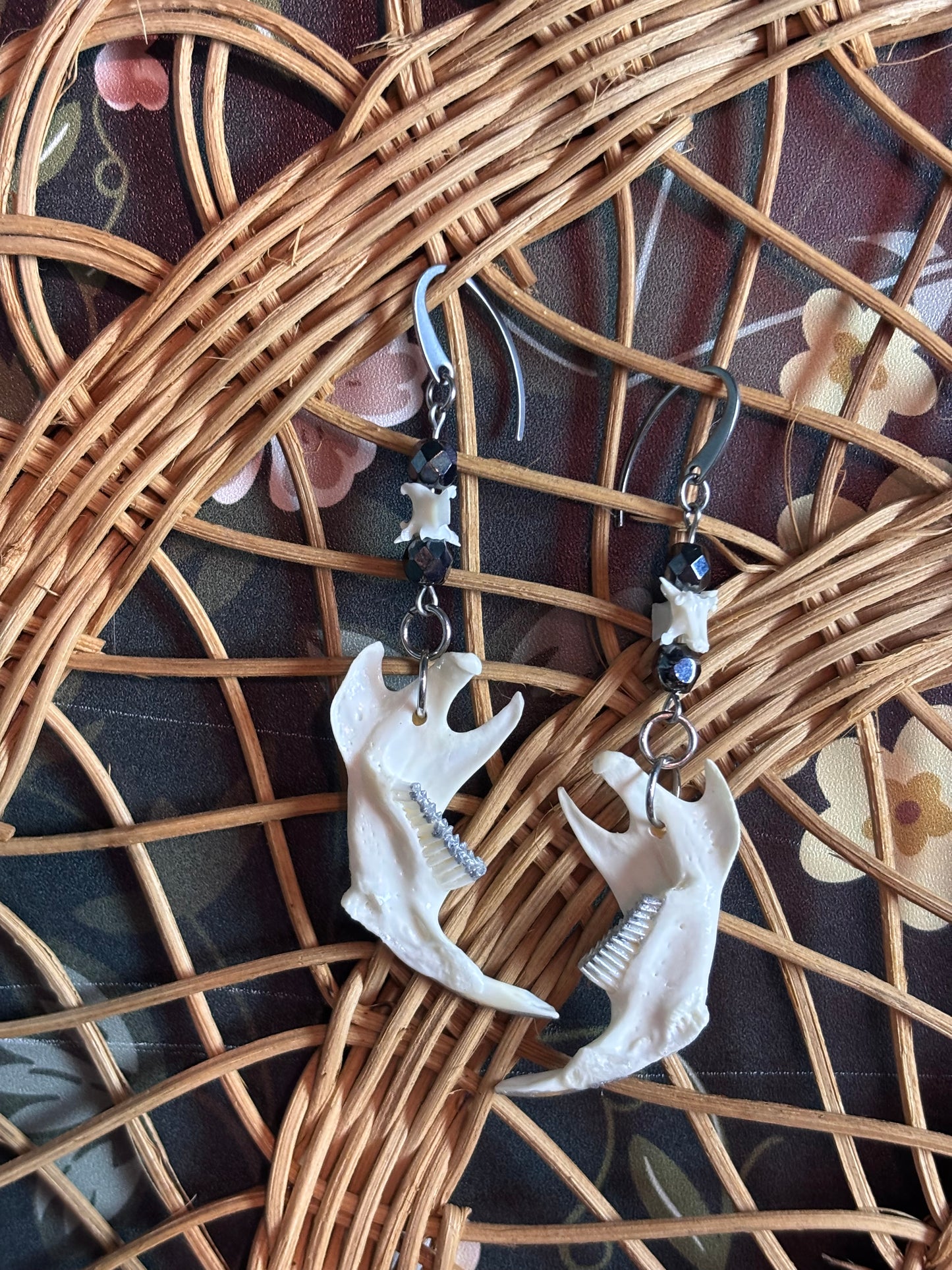Silver Muskrat Jaw Earrings - Black beads & Snake Vertebrae