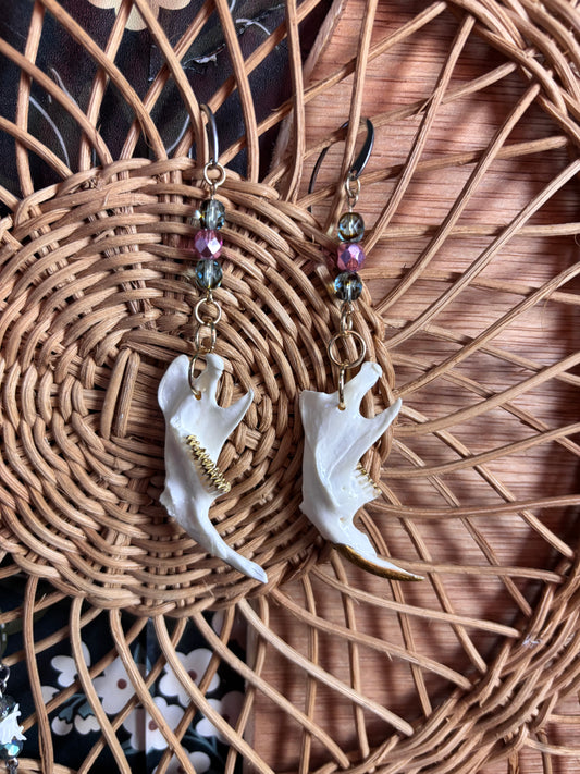 Gold Muskrat Jaw Earrings - Pink & Blue glass beads