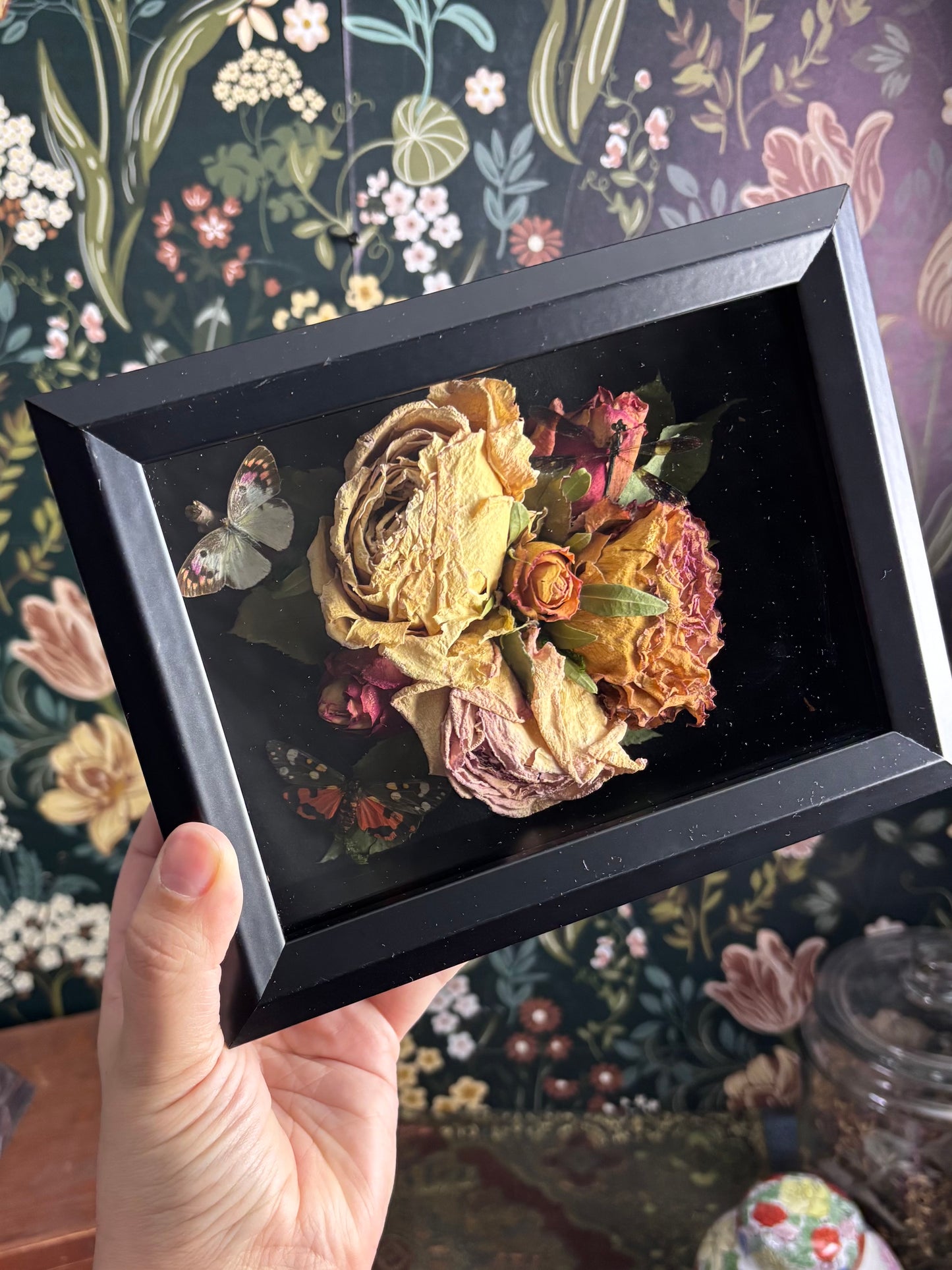 Trio of Insects on Rose Cluster in Deep Shadow Box / 6"x8"x2.5"