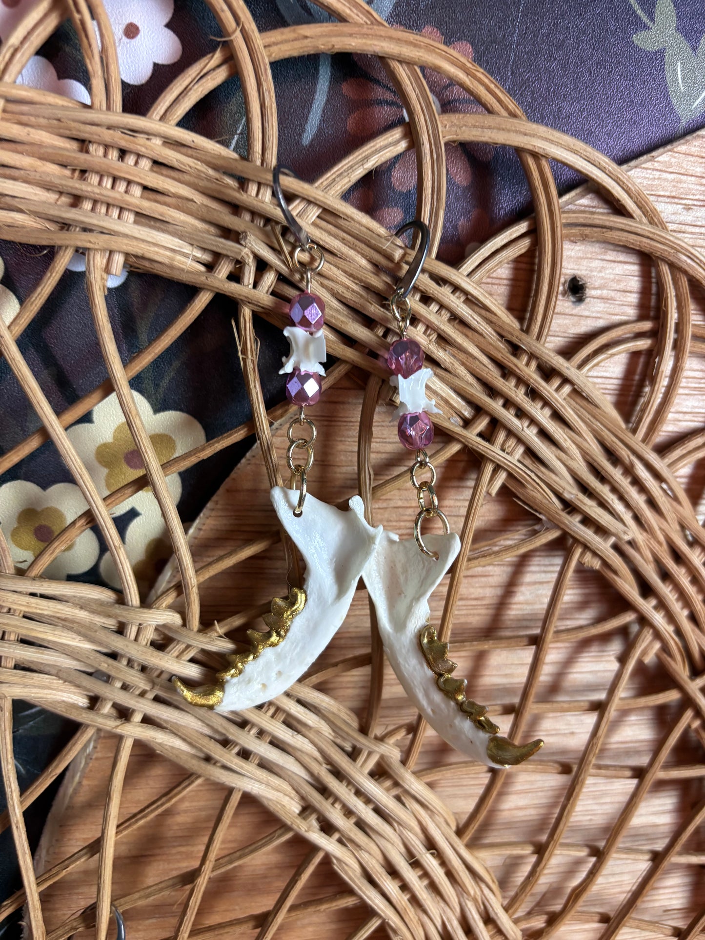 Mink Jaw Earrings - Pink beads and Snake Vertebrae