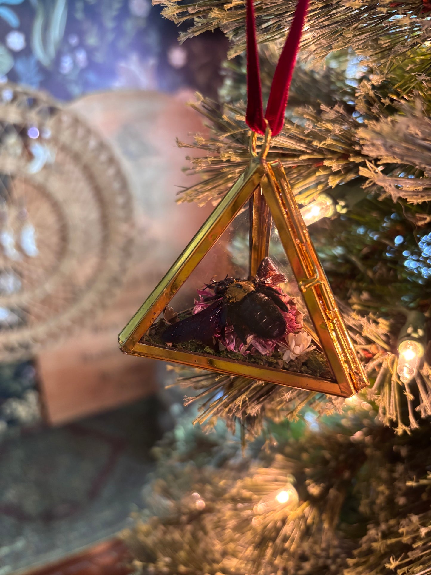 Christmas Ornament with Carpenter Bee on Pink Flower