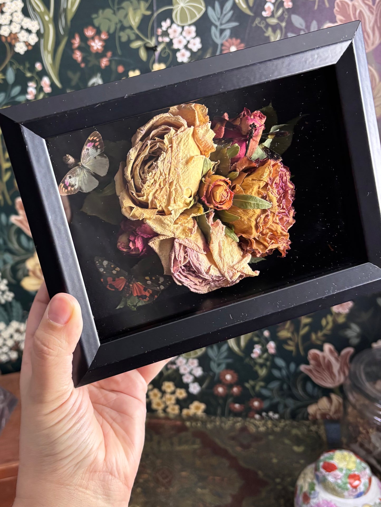 Trio of Insects on Rose Cluster in Deep Shadow Box / 6"x8"x2.5"