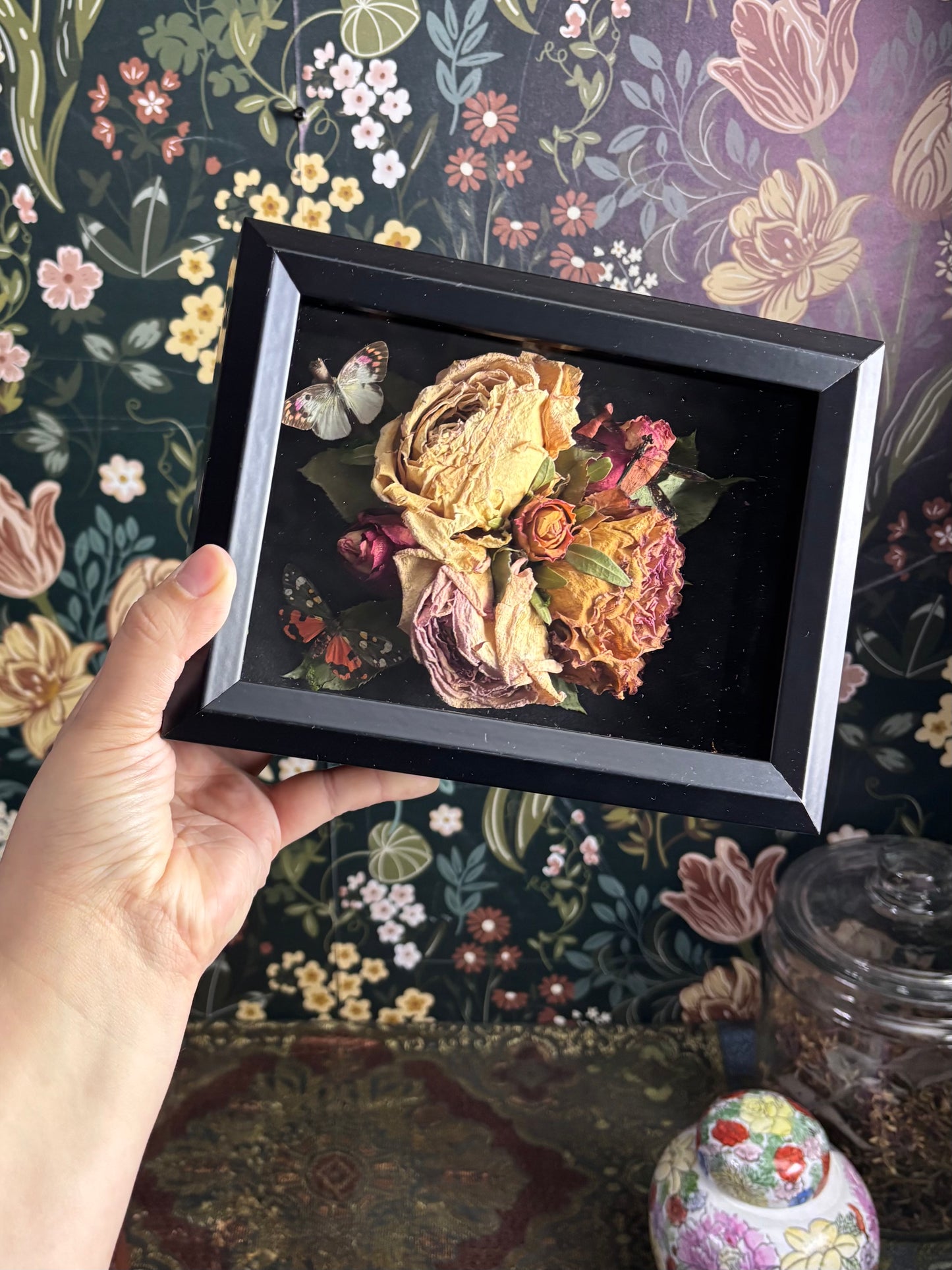 Trio of Insects on Rose Cluster in Deep Shadow Box / 6"x8"x2.5"