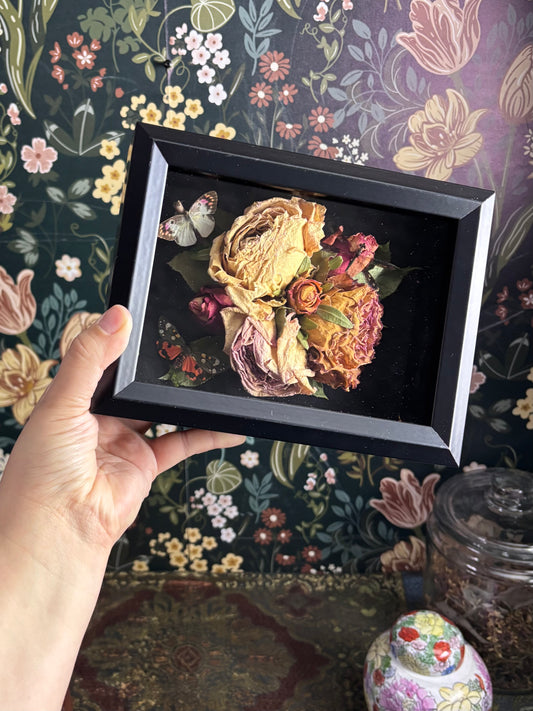 Trio of Insects on Rose Cluster in Deep Shadow Box / 6"x8"x2.5"