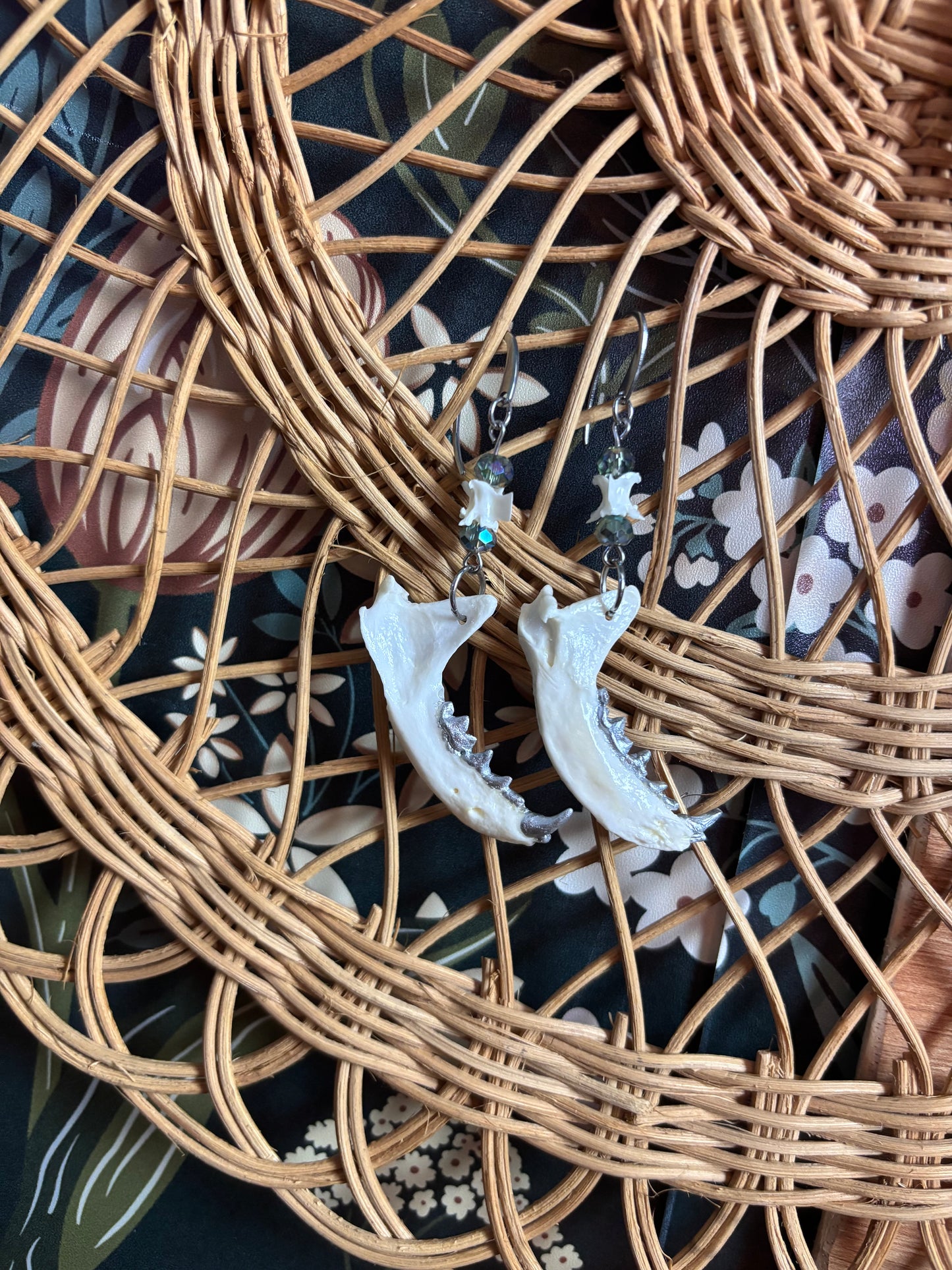 Mink Jaw Earrings - Blue beads and Snake Vertebrae