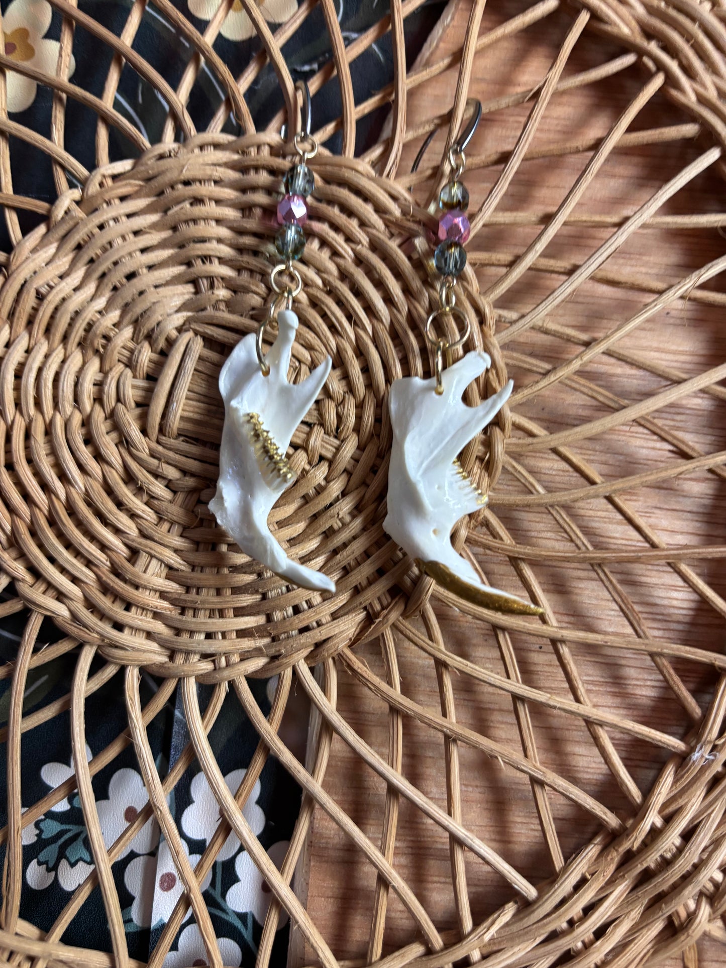 Gold Muskrat Jaw Earrings - Pink & Blue glass beads
