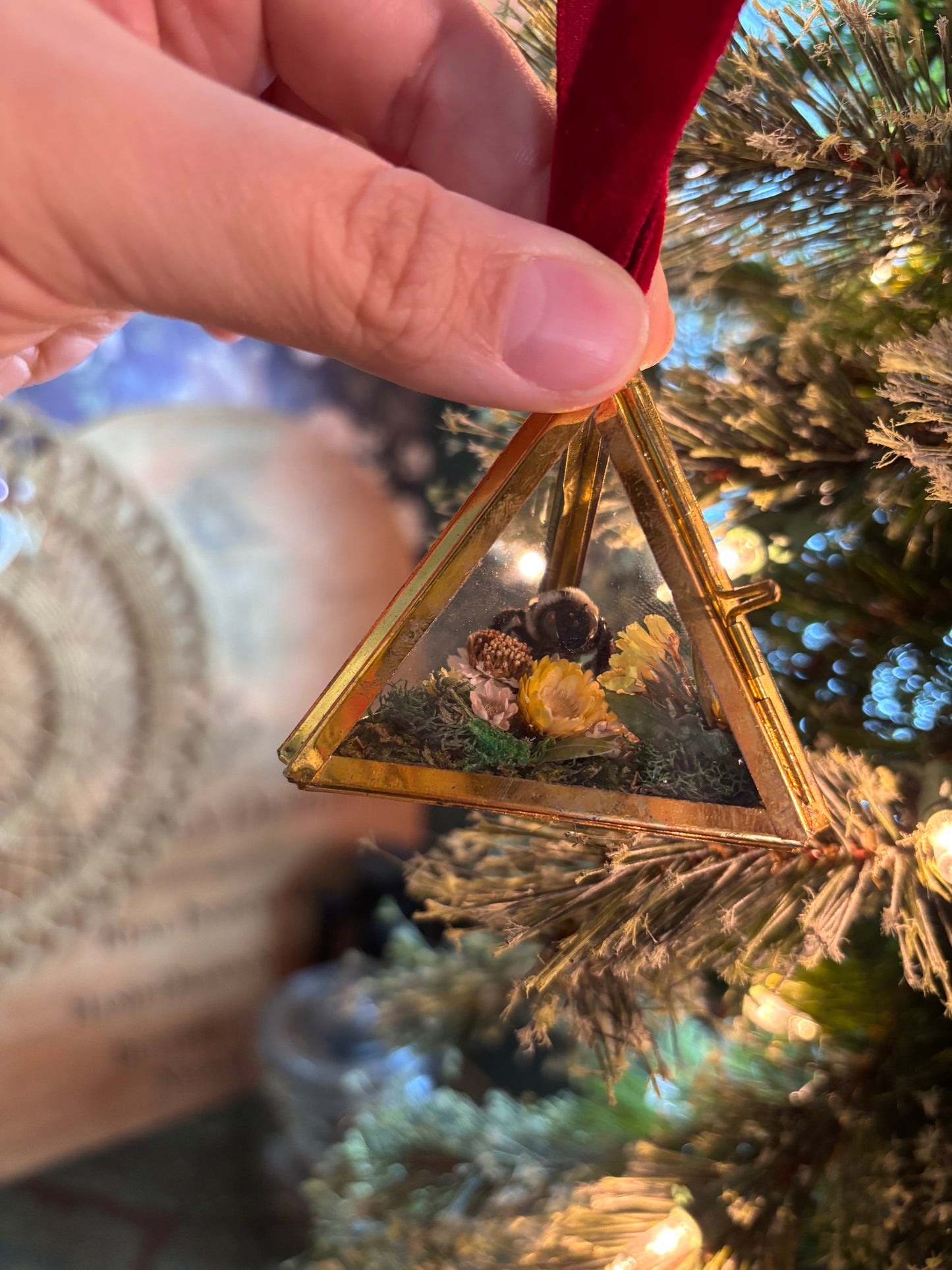 Christmas Ornament with Carpenter Bee on White & Yellow Flowers