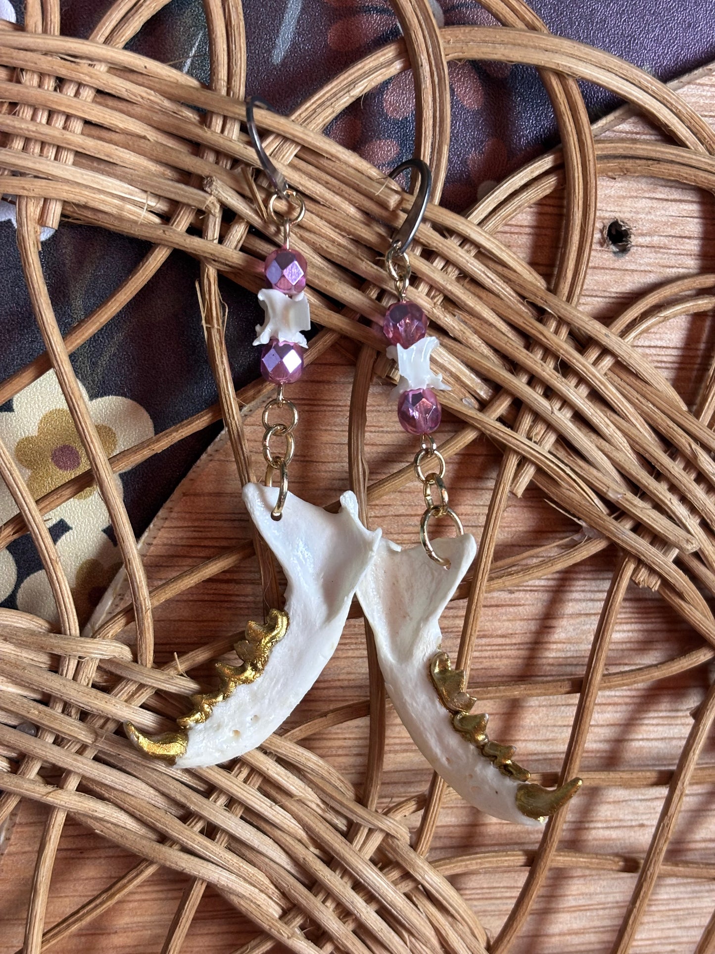 Mink Jaw Earrings - Pink beads and Snake Vertebrae