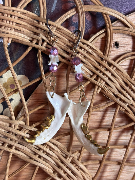 Mink Jaw Earrings - Pink beads and Snake Vertebrae