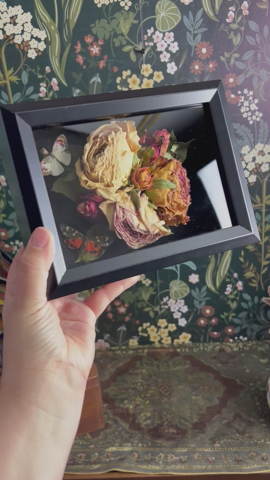Trio of Insects on Rose Cluster in Deep Shadow Box / 6"x8"x2.5"